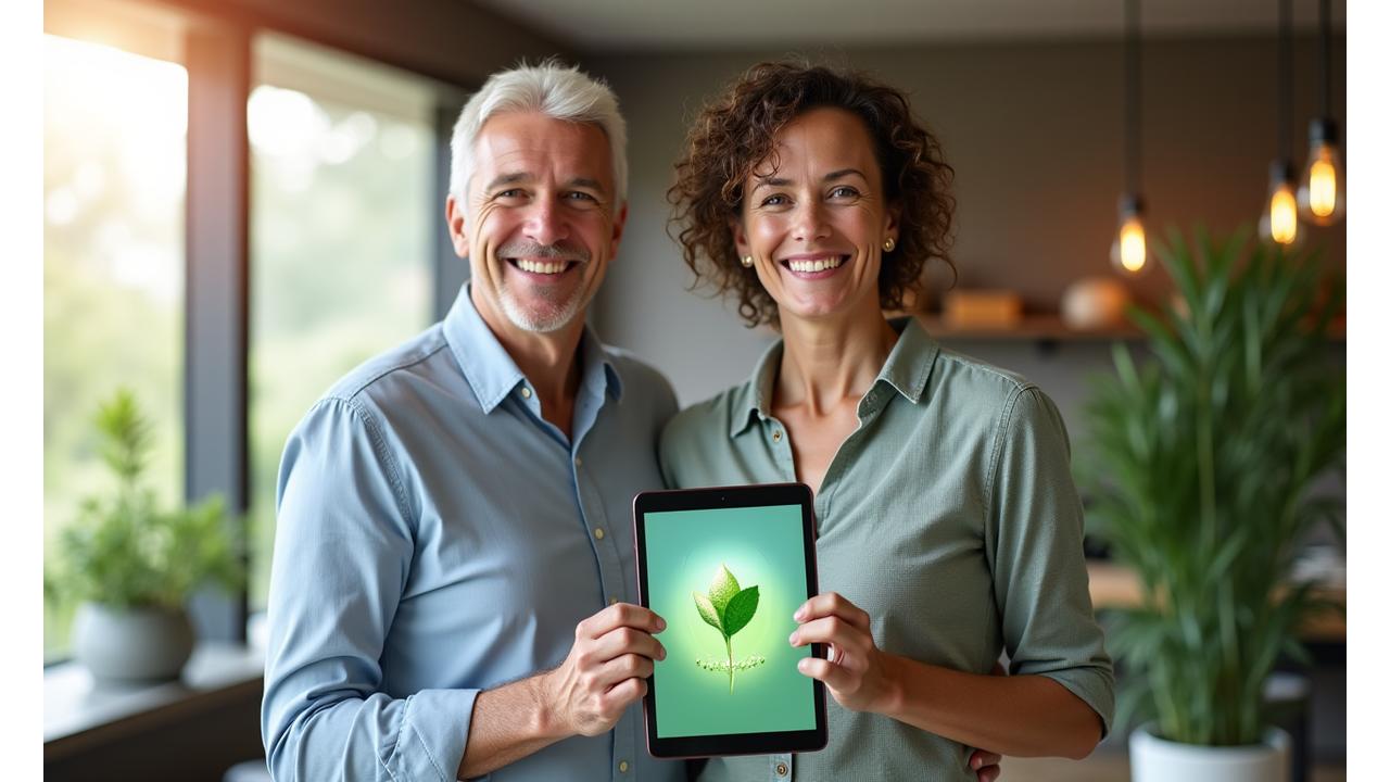 Founders smiling gently, standing in a brightly lit, modern office with subtle nature-inspired decor. One holds a tablet with wellness app interface.