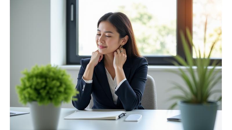 A serene person in professional attire practicing a subtle desk stretch, with a green plant nearby, embodying modern workplace wellness.