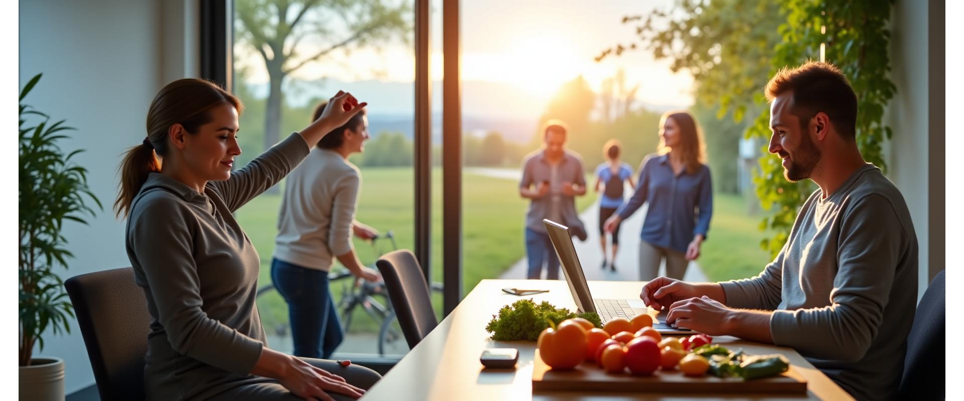 Diverse adults aged 35-55 engaging in authentic, sustainable wellness activities like gentle stretching at a desk, mindful meal prepping in a bright kitchen, and walking a scenic path by the Willamette River in Portland, symbolizing balanced living.
