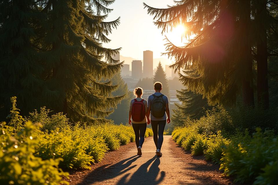 Vibrant, lush shot of a Portland park with the city skyline subtly blurred in the background, showing adults enjoying nature walks.