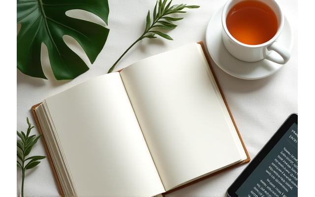 Open journal with nature elements and a cup of herbal tea, representing thoughtful daily health insights.