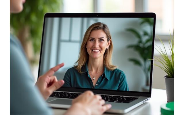 Smiling wellness coach conducting a virtual session on a laptop screen, symbolizing flexible digital coaching and progress tracking.