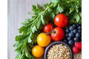 A balanced array of fresh, colorful, healthy foods like vegetables, fruits, and whole grains, arranged aesthetically. The image conveys natural nourishment and diverse, wholesome eating habits.