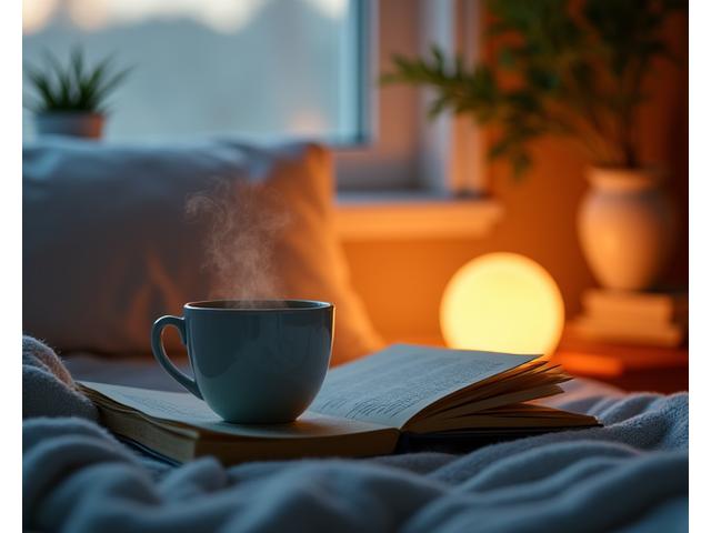 A serene bedroom scene with dim lighting, a comfortable bed, and elements of a calming bedtime routine like a book, a cup of herbal tea, and a soft blanket.